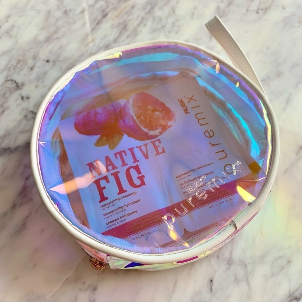 🪩 Iridescent Holographic Round Wristlet with Shampoo /Conditioner Hair Samples